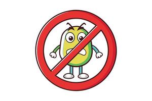 Cartoon illustration of prohibited bacteria icon, featuring colorful germ character inside a red no entry symbol on white background vector