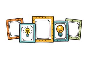 Fun and colorful hand drawn frames with glowing lightbulbs, highlighting brainstorming, invention, and conceptual thinking in an artistic layout vector