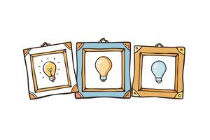 Decorative hand sketched frames featuring lightbulbs, representing bright ideas, inspiration, and creativity on a clean white background vector