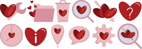 an original set of simple colored icons for Valentine's Day, consisting of a variety of standard icons with red bright hearts presented in various shapes vector