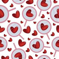 seamless pattern with pink magnifying glass icon and red hearts placed randomly, valentine's day pattern vector