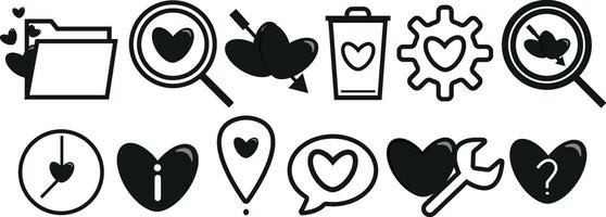 an original set of simple black and white icons for Valentine's Day, consisting of a variety of standard icons with red bright hearts presented in different shapes vector