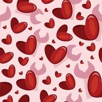 seamless pattern with a red heart and a pink wrench next to it placed chaotically on a pink background, a pattern for St. Valentine's Day vector