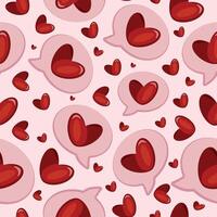 seamless pattern with pink thought bubble icon and red hearts placed randomly on a pink background, valentine's day pattern vector