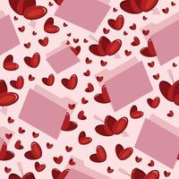seamless pattern with pink folders from which hearts peek out and red hearts placed chaotically on a pink background, pattern for St. Valentine's Day vector