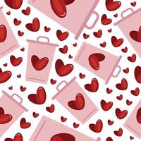 seamless pattern with pink trash cans and red hearts placed randomly, valentine's day pattern vector