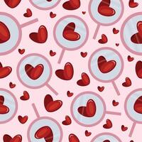 seamless pattern with pink magnifying glass icon and red hearts placed randomly on pink background, valentine's day pattern vector