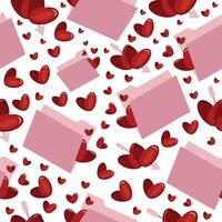 seamless pattern with pink folders from which hearts peek out and red hearts placed chaotically, pattern for St. Valentine's Day vector