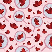 seamless pattern with pink magnifying glass icon and love hearts with cupid's pink arrow arranged randomly on pink background, valentine's day pattern vector
