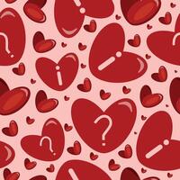 seamless pattern with pink information icon and question mark on red heart placed randomly on pink background, valentine's day pattern vector