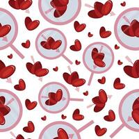 seamless pattern with pink magnifying glass icon and love hearts with cupid's pink arrow arranged randomly, valentine's day pattern vector