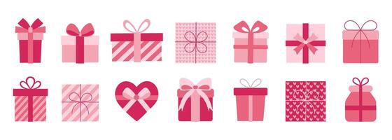 A collection of pink boxes with bows on them. The boxes are arranged in a row and are all different sizes vector