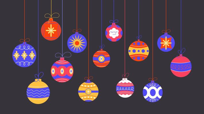 Background of Christmas tree decorations in cartoon retro hippie style of the 90s. New Year's balls on the tree, garlands. Holiday pattern