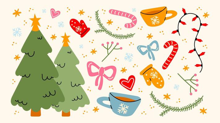 Christmas new year stickers in cartoon style. Gifts, Christmas tree, coziness, Santa. Holiday cartoon illustrations in groove, retro, doodles style.p15