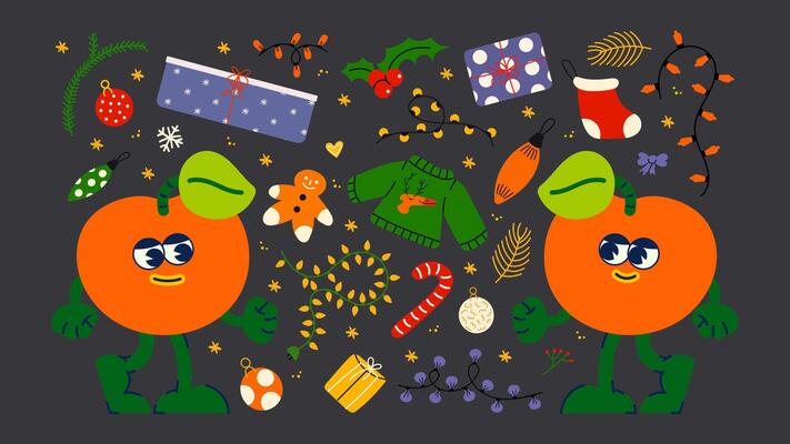 Christmas new year stickers in cartoon style. Mandarin character, Gifts, Christmas tree, Christmas ball, coziness, Santa. Holiday cartoon illustrations in groove, retro, doodles style p9