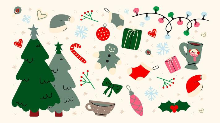 Christmas new year stickers in cartoon style. Gifts, Christmas tree, coziness, Santa. Holiday cartoon illustrations in groove, retro, doodles style.p14