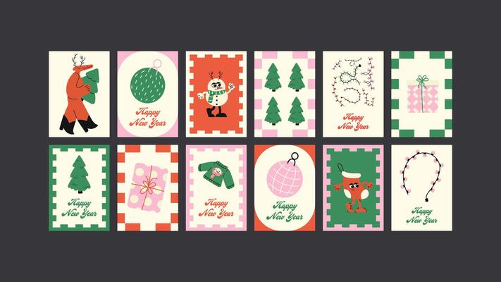 Christmas new year posters in cartoon style. Holiday gifts, santa, christmas tree, coziness. Holiday seasonal postcards in retro groovy style. picture for wall and for printing