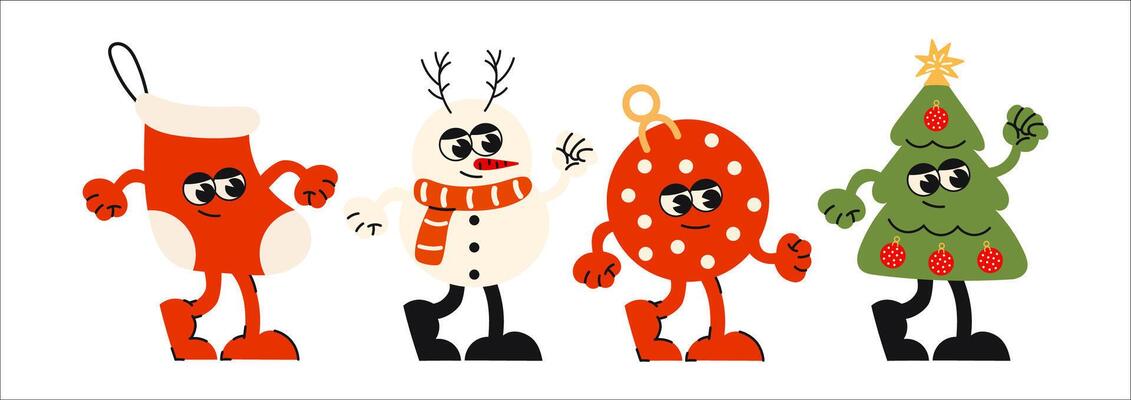 Christmas characters without background. Christmas new year stickers in cartoon style. Gifts, Christmas tree, Christmas ball, Santa. Holiday cartoon illustrations in groove, retro, doodles style