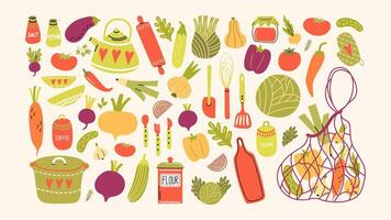 Kitchenware stickers in cartoon style and set fresh vegetable. Bright set of cooking elements. Pan, spoon, fork, frying pan, tomatoes, cucumbers, broccoli, carrots, onions. Vegetarian set vector