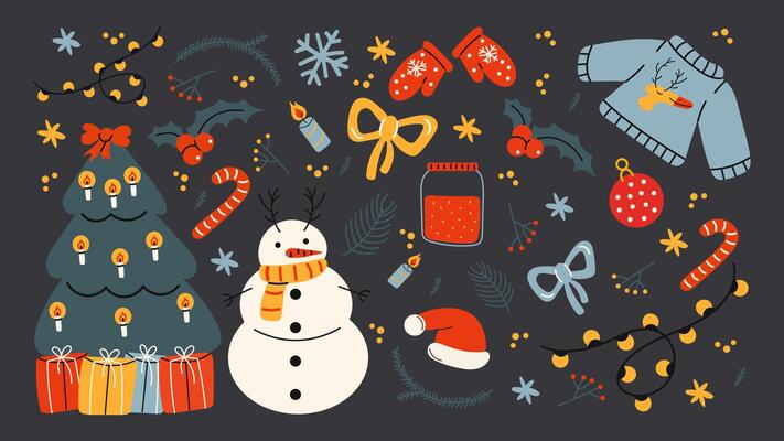 Christmas new year stickers in cartoon style. Gifts, Christmas tree, coziness, Santa. Holiday cartoon illustrations in groove, retro, doodles style.p2