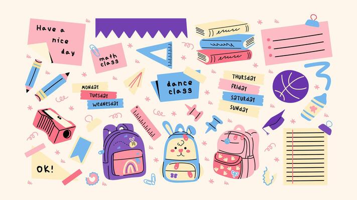 Back to school stickers. Backpacks, school items, stationery, notebooks in retro groovy cartoon style. Shapes for study, school, university 5