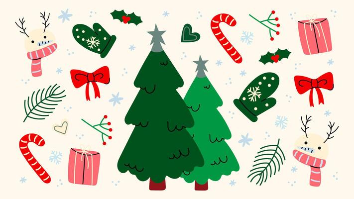 Christmas new year stickers in cartoon style. Gifts, Christmas tree, coziness, Santa. Holiday cartoon illustrations in groove, retro, doodles style.p13