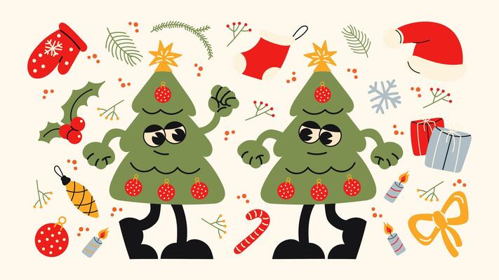 Christmas new year stickers in cartoon style. Gifts, Christmas tree, Christmas ball, coziness, Santa. Holiday cartoon illustrations in groove, retro, doodles style p6