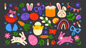 Cartoon set of Easter stickers in 90s retro style. Spring elements, rabbits, eggs, Christian holiday, Easter baskets, flowers. Groovy illustration2 vector