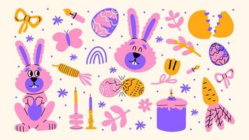 Cartoon set of Easter stickers in abstract 90s retro style. Spring elements, rabbits, eggs, Christian holiday, Easter baskets, flowers. Groovy illustration4 vector