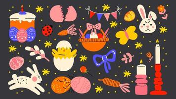 Cartoon set of Easter stickers in abstract 90s retro style. Spring elements, rabbits, eggs, Christian holiday, Easter baskets, flowers. Groovy illustration vector