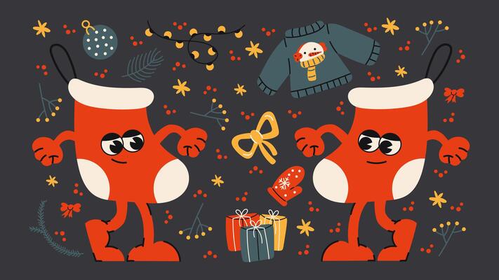 Christmas new year stickers in cartoon style. Gifts, Christmas tree, Christmas ball, coziness, Santa. Holiday cartoon illustrations in groove, retro, doodles style p7