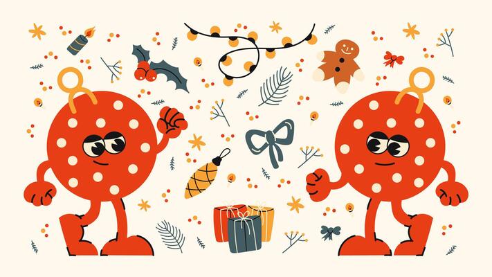 Christmas new year stickers in cartoon style. Gifts, Christmas tree, Christmas ball, coziness, Santa. Holiday cartoon illustrations in groove, retro, doodles style p5