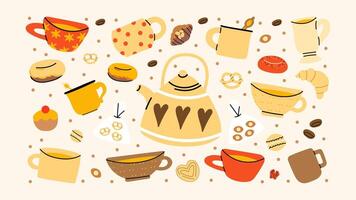 Set of cups and teapots for tea and coffee. Cartoon doodle kitchen mugs with patterns and drawings in retro style. Tea ceremony, porcelain tableware stickers vector