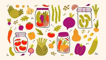 Set canned pickled vegetables in jars. Homemade pickles, harvesting for the winter. Set of vegetables and spices in containers. Cartoon products, set of stickers vector