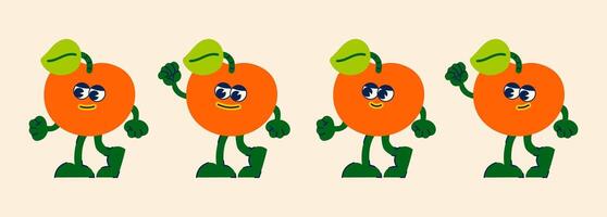 Fruit cartoon characters from the 90s. Trandy poster. funny colorful characters in doodle style orange, mandarin with gloved hands. Groovy illustration with typography vector