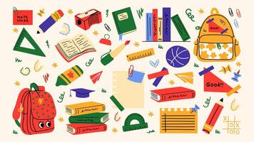 Back to school stickers. Backpacks, school items, stationery, notebooks in retro groovy cartoon style. Shapes for study, school, university 2 vector