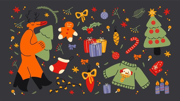 Christmas new year stickers in cartoon style. Gifts, Christmas tree, coziness, Santa. Holiday cartoon illustrations in groove, retro, doodles style.p1
