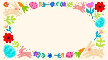 Cartoon frame of Easter in abstract 90s retro style. Spring elements, rabbits, eggs, Christian holiday, Easter baskets, flowers. Seasonal postcard design illustrations in retro groovy style vector