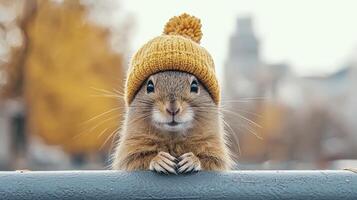A cute squirrel wearing a yellow knitted hat, perched on a railing against a blurred autumn backdrop, showcasing its playful and charming personality. photo