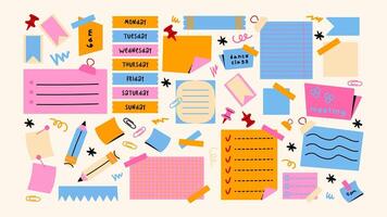 Set of cartoon papers notes, office forms. Sticky stickers reminders, notebook clippings, to-do list, to-do list, school stationery, planner, reminders on paper. set of patches in retro doodle 1 vector