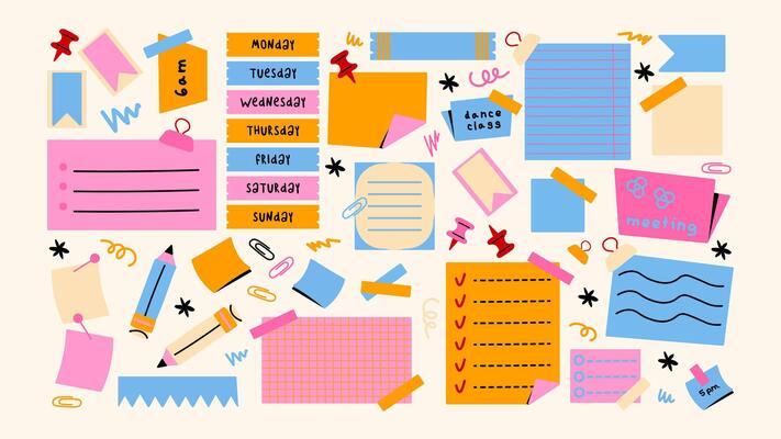 Set of cartoon papers notes, office forms. Sticky stickers reminders, notebook clippings, to-do list, to-do list, school stationery, planner, reminders on paper. set of patches in retro doodle 1