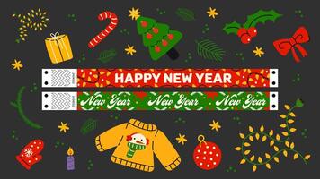 Set cartoon New Year stickers and wristband in the 90s groovy style. Hippie New Yaer patches, new year party, party wristband, winter characters,gifts. Acid bright labels 2 vector