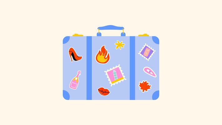 Set cartoon luggage stickers, travel bag, suitcase with stickers for travel. Packing for vacation, beach. Various labels, i love me, vacation concept. doodle groovy drawing in retro style2
