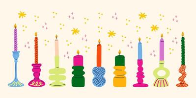 Set scented candles of various shapes. Decorative cartoon wax candles of abstract shapes. Cozy doodle stickers in Scandinavian style drawn by hand vector