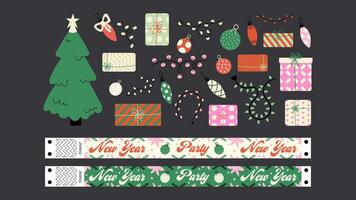 Set cartoon New Year stickers and wristband in the 90s groovy style. Hippie New Yaer patches, new year party, party wristband, winter characters,gifts. Acid bright labels 3 vector