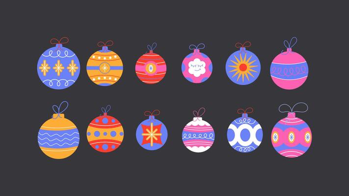 Set Christmas tree decorations in cartoon retro style of the 90s. New Year's balls for the tree, garlands. Holiday stickers