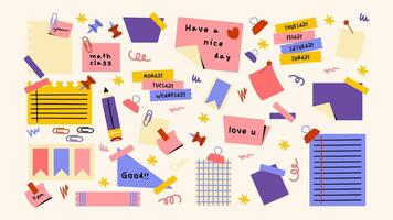 Set of cartoon papers notes, office forms. Sticky stickers reminders, notebook clippings, to-do list, to-do list, school stationery, planner, reminders on paper. Set of patches in retro doodle vector