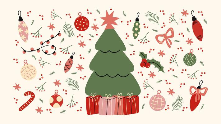 Christmas new year stickers in cartoon style. Gifts, Christmas tree, coziness, Santa. Holiday cartoon illustrations in groove, retro, doodles style p4