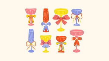 Set of festive glasses for alcoholic cocktails of different forms. Decorative elegant faceted glasses on legs with ribbons and bows. New Year's stickers of the holiday and fun. Container for drink vector