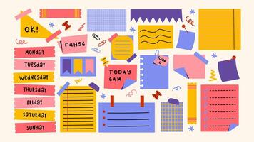 Set of cartoon papers notes, office forms. Sticky stickers reminders, notebook clippings, to-do list, to-do list, school stationery, planner, reminders on paper. set of patches in retro doodle 2 vector